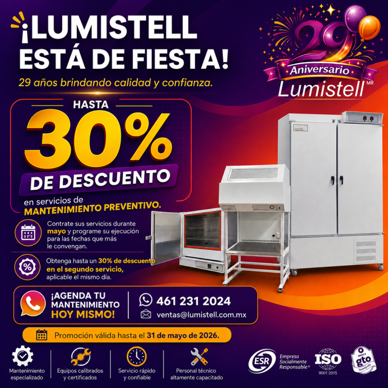 Diseño promocional cuadrado de Lumistell con temática de aniversario en tonos morado y naranja. El encabezado dice “¡Lumistell está de fiesta!” junto al logo del 29 aniversario. Al centro destaca un gran texto amarillo con “Hasta 30% de descuento” en servicios de mantenimiento preventivo y correctivo. La promoción especifica que el descuento aplica en el segundo servicio realizado el mismo día. En la parte derecha aparecen equipos de laboratorio e industriales de color blanco. En la parte inferior se muestran los datos de contacto: teléfono 461 231 2024 y correo [ventas@lumistell.com.mx](mailto:ventas@lumistell.com.mx), además de iconos de mantenimiento, certificaciones y sellos ESR e ISO.
